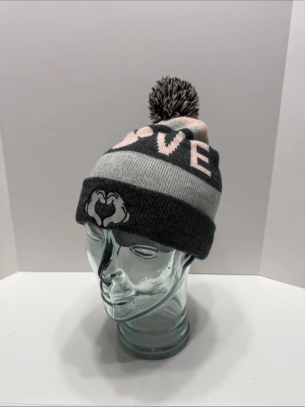 Disney Mickey Mouse Gray & Pink Pom-Top Knit Beanie with Cuffed Logo